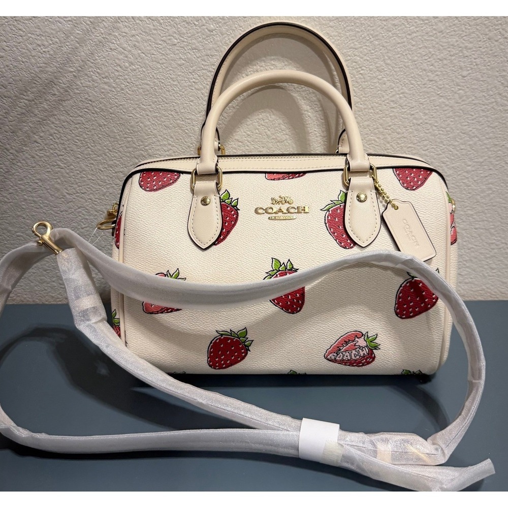 Coach Rowan Satchel Chalk Multi Strawberry Print Leather Crossbody Bag NEW - Picture 4 of 16